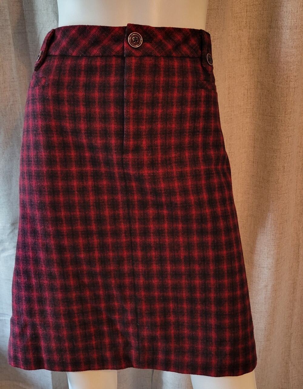 Eddie Bauer Plaid Wool Skirt Red Black Size T10 Fully Lined Knee Length Pencil